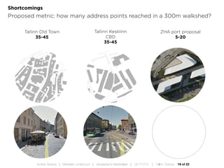 19 of 23Andres Sevtsuk | Mereääre Linnafoorum | Vanasadama Masterplaan | 20171010 | Tallinn, Estonia
Shortcomings
Proposed metric: how many address points reached in a 300m walkshed?
Tallinn Old Town
35-45
Tallinn Kesklinn
CBD
35-45
ZHA port proposal
5-20
 