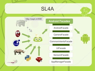 SL4A
Android Facades
AndroidFacade
CameraFacade
CommonIntentsFacade
UIFacade
SensorsFacade
AppManagerFacade
http://zapt.in/WiE
 