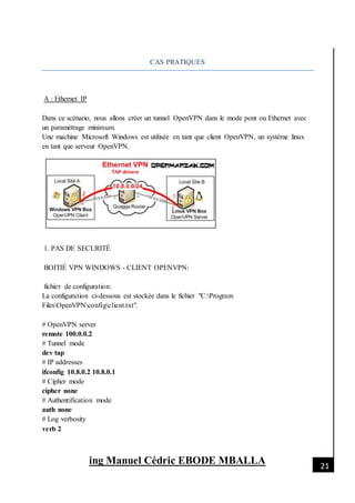 [Date]
ing Manuel Cédric EBODE MBALLA 21
CAS PRATIQUES
A : Ethernet IP
Dans ce scénario, nous allons créer un tunnel OpenVPN dans le mode pont ou Ethernet avec
un paramètrage minimum.
Une machine Microsoft Windows est utilisée en tant que client OpenVPN, un système linux
en tant que serveur OpenVPN.
1. PAS DE SECURITÉ
BOITIÉ VPN WINDOWS - CLIENT OPENVPN:
fichier de configuration:
La configuration ci-dessous est stockée dans le fichier "C:Program
FilesOpenVPNconfigclient.txt".
# OpenVPN server
remote 100.0.0.2
# Tunnel mode
dev tap
# IP addresses
ifconfig 10.8.0.2 10.8.0.1
# Cipher mode
cipher none
# Authentification mode
auth none
# Log verbosity
verb 2
 