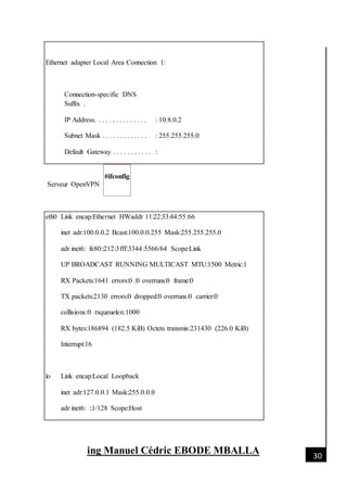 [Date]
ing Manuel Cédric EBODE MBALLA 30
Ethernet adapter Local Area Connection 1:
Connection-specific DNS
Suffix .
IP Address. . . . . . . . . . . . . . . : 10.8.0.2
Subnet Mask . . . . . . . . . . . . . : 255.255.255.0
Default Gateway . . . . . . . . . . . :
Serveur OpenVPN
#ifconfig
eth0 Link encap:Ethernet HWaddr 11:22:33:44:55:66
inet adr:100.0.0.2 Bcast:100.0.0.255 Mask:255.255.255.0
adr inet6: fe80::212:3fff:3344:5566/64 Scope:Link
UP BROADCAST RUNNING MULTICAST MTU:1500 Metric:1
RX Packets:1641 errors:0 :0 overruns:0 frame:0
TX packets:2130 errors:0 dropped:0 overruns:0 carrier:0
collisions:0 txqueuelen:1000
RX bytes:186894 (182.5 KiB) Octets transmis:231430 (226.0 KiB)
Interrupt:16
lo Link encap:Local Loopback
inet adr:127.0.0.1 Mask:255.0.0.0
adr inet6: ::1/128 Scope:Host
 