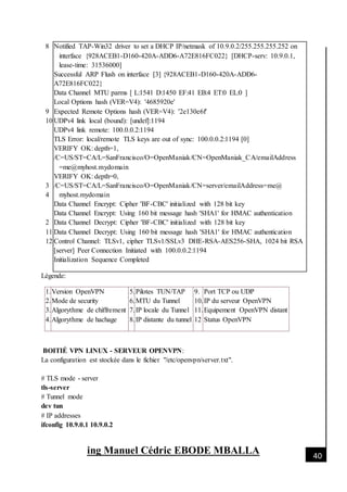 [Date]
ing Manuel Cédric EBODE MBALLA 40
8
9
10
3
4
2
11
12
Notified TAP-Win32 driver to set a DHCP IP/netmask of 10.9.0.2/255.255.255.252 on
interface {928ACEB1-D160-420A-ADD6-A72E816FC022} [DHCP-serv: 10.9.0.1,
lease-time: 31536000]
Successful ARP Flush on interface [3] {928ACEB1-D160-420A-ADD6-
A72E816FC022}
Data Channel MTU parms [ L:1541 D:1450 EF:41 EB:4 ET:0 EL:0 ]
Local Options hash (VER=V4): '4685920e'
Expected Remote Options hash (VER=V4): '2e130e6f'
UDPv4 link local (bound): [undef]:1194
UDPv4 link remote: 100.0.0.2:1194
TLS Error: local/remote TLS keys are out of sync: 100.0.0.2:1194 [0]
VERIFY OK: depth=1,
/C=US/ST=CA/L=SanFrancisco/O=OpenManiak/CN=OpenManiak_CA/emailAddress
=me@myhost.mydomain
VERIFY OK: depth=0,
/C=US/ST=CA/L=SanFrancisco/O=OpenManiak/CN=server/emailAddress=me@
myhost.mydomain
Data Channel Encrypt: Cipher 'BF-CBC' initialized with 128 bit key
Data Channel Encrypt: Using 160 bit message hash 'SHA1' for HMAC authentication
Data Channel Decrypt: Cipher 'BF-CBC' initialized with 128 bit key
Data Channel Decrypt: Using 160 bit message hash 'SHA1' for HMAC authentication
Control Channel: TLSv1, cipher TLSv1/SSLv3 DHE-RSA-AES256-SHA, 1024 bit RSA
[server] Peer Connection Initiated with 100.0.0.2:1194
Initialization Sequence Completed
Légende:
1.
2.
3.
4.
Version OpenVPN
Mode de security
Algorythme de chiffrement
Algorythme de hachage
5.
6.
7.
8.
Pilotes TUN/TAP
MTU du Tunnel
IP locale du Tunnel
IP distante du tunnel
9.
10.
11.
12
Port TCP ou UDP
IP du serveur OpenVPN
Equipement OpenVPN distant
Status OpenVPN
BOITIÉ VPN LINUX - SERVEUR OPENVPN:
La configuration est stockée dans le fichier "/etc/openvpn/server.txt".
# TLS mode - server
tls-server
# Tunnel mode
dev tun
# IP addresses
ifconfig 10.9.0.1 10.9.0.2
 