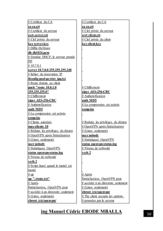 [Date]
ing Manuel Cédric EBODE MBALLA 50
# Certificat du CA
ca ca.crt
# Certificat du serveur
cert server.crt
# Clef privée du serveur
key server.key
# Diffie-Hellman
dh dh1024.pem
# Etendue DHCP, le serveur prends
l'IP
# 10.7.0.1
server 10.7.0.0 255.255.255.248
# fichier de réservation IP
ifconfig-pool-persist ipp.txt
# Route fournie au client
push "route 10.0.1.0
255.255.255.0"
# Chiffrement
ciper AES-256-CBC
# Authentification
auth MD5
# La compression est activée
comp-lzo
# Clients autorisés
max-clients 10
# Réduire les privilèges du démon
# OpenVPN après l'initialisation
# (Linux seulement)
user nobody
# Statistiques OpenVPN
status openvpn-status.log
# Niveau de verbosité
verb 2
# Script lancé quand le tunnel est
monté
# up
up "./route.txt"
# Après
l'initialisation, OpenVPN peut
# accéder à un directoire seulement
# (Linux seulement)
chroot /etc/openvpn/
# Certificat du CA
ca ca.crt
# Clef privée du serveur
cert client.crt
# Clef privée du client
key client.key
# Chiffrement
ciper AES-256-CBC
# Authentification
auth MD5
# La compression est activée
comp-lzo
# Reduire les privilèges du démon
# OpenVPN après l'initialisation
# (Linux seulement)
user nobody
# Statistiques OpenVPN
status openvpn-status.log
# Niveau de verbosité
verb 2
# Après
l'initialisation, OpenVPN peut
# accéder à un directoire seulement
# (Linux seulement)
chroot /etc/openvpn/
# The client accepte les options
# poussées par le serveur
 