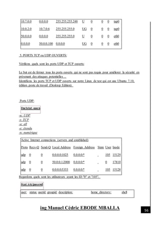 [Date]
ing Manuel Cédric EBODE MBALLA 56
10.7.0.0 0.0.0.0 255.255.255.248 U 0 0 0 tap0
10.0.2.0 10.7.0.6 255.255.255.0 UG 0 0 0 tap0
50.0.0.0 0.0.0.0 255.255.255.0 U 0 0 0 eth0
0.0.0.0 50.0.0.100 0.0.0.0 UG 0 0 0 eth0
5. PORTS TCP ou UDP OUVERTS:
Vérifions quels sont les ports UDP et TCP ouverts:
Le but est de fermer tous les ports ouverts qui ne sont pas requis pour améliorer la sécurité en
prévenant des attaques potentielles .
Identifions les ports TCP et UDP ouverts sur notre Linux de test qui est une Ubuntu 7.10,
édition poste de travail (Desktop Edition)
Ports UDP:
#netstat -uaen
-u: UDP
-t: TCP
-a: all
-e: étendu
-n: numérique
Active Internet connections (servers and established)
Proto Recv-Q Send-Q Local Address Foreign Address State User Inode
udp 0 0 0.0.0.0:1025 0.0.0.0:* 105 15129
udp 0 0 50.0.0.1:2000 0.0.0.0:* 0 17810
udp 0 0 0.0.0.0:5353 0.0.0.0:* 105 15128
Regardons quels sont les utilisateurs ayant les ID "0" et "105".
#cat /etc/passwd
user: status: userid: groupid: description: home_directory: shell
 