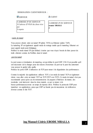 [Date]
ing Manuel Cédric EBODE MBALLA 7
DESIGNATION CLIENT/SERVEUR :
SERVEUR CLIENT
# ADRESSE IP DU SERVEUR
# L'adresse IP WAN du client n'est
pas
# requise
# ADRESSE IP DU SERVEUR
remote 100.0.0.1
#
- mode de tunnel
Vous pouvez choisir entre un tunnel IP (pilote TUN) ou Ethernet (pilote TAP).
Le tunneling IP est également appelé mode de routage tandis que le tunneling Ethernet est
aussi appelé mode pont (bridging).
Préférez le mode tunnel IP (par défaut) à moins que vous n'ayez besoin de faire passer du
trafic ethernet comme du NetBios dans le tunnel.
-port du tunnel
Le port source et destination de tunneling est par défaut le port UDP 1194. Il est possible qu'il
soit nécessaire de le changer pour des raisons d'ouverture de port sur le pare-feu autrement
vous pouvez le garder telle quelle.
Preferez les ports UDP. L'utilisation de TCP peut mener à la dégradation des performances.
Comme la majorité des applications utilisent TCP, si un mode de tunnel TCP est également
choisi, vous allez créer un tunnel TCP sur TCP (TCP over TCP). Ce mode de tunnel n'est pas
recommandé parce qu'en cas de retransmissions de paquets à l'intérieur du tunnel, des
recalcules vont intervenir dans les deux tunnels, ce qui va mener à de
basses performancescomme un temps de réponse élevé. Préférez le protocole UDP pour
tunneliser vos applications parce que UDP ne fournit pas de mecanisme de vérification
d'erreur comme le fait TCP.
 