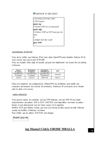 [Date]
ing Manuel Cédric EBODE MBALLA 8
SERVEUR ET CLIENT
# TUNNEL TCP OU UDP
# TCP tunnel
proto tcp
# Tunnel UDP est recommandé
proto udp
# Utilisez UDP ou TCP mais pas les
deux
#
# PORT TCP OU UDP
port 1194
-paramétrages du firewall:
Vous devez vérifier que l'adresse IP de votre client OpenVPN peut atteindre l'adresse IP de
votre serveur ainsi que le port TCP/UDP.
Voici un exemple d'une règle de sécurité qui peut être implémenté sur le pare-feu du schéma
ci-dessous.
Grâce à la simplicité des configurations d'OpenVPN, les problèmes pour établir une
connexion proviennent très souvent de restrictions d'adresses IP ou de ports sur le chemin
entre le client et le serveur.
-tunnel ethernet/ip
Vous pouvez choisir de construire soit des VPN Ethernet, soit des VPN IP avec l'aide
respectivement des pilotes TAP et TUN. TAP/TUN sont disponibles sur toutes les plates-
formes et sont déjà présent avec les Linux noyau 2.4 et supérieur.
Préférez TUN (par défaut) à moins que vous avez besoin de faire passer du trafic Ethernet
comme du NetBios à l'intérieur du tunnel.
Pour vérifier que les pilotes TUN/TAP sont chargés:
#lsmod | grep tun
 