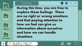 Key Stage 3: Grade 7-10
Everyone has a feeling
Introduction
Content
Topics
Pictures
CONTENT x
6:00 AM
8/22/2022
During this time, you are free to
explore these feelings. There
are no right or wrong emotions
and that paying attention to
how we feel can give us
information about ourselves
and how we can handle
situations.
 