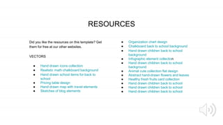RESOURCES
Did you like the resources on this template? Get
them for free at our other websites.
VECTORS
● Hand drawn icons collection
● Realistic math chalkboard background
● Hand drawn school items for back to
school
● Pricing table design
● Hand drawn map with travel elements
● Sketches of blog elements
● Organization chart design
● Chalkboard back to school background
● Hand drawn children back to school
background
● Infographic element collection
● Hand drawn children back to school
background
● Animal cute collection flat design
● Abstract hand-drawn flowers and leaves
● Healthy fresh fruits card collection
● Hand drawn children back to school
● Hand drawn children back to school
● Hand drawn children back to school
 
