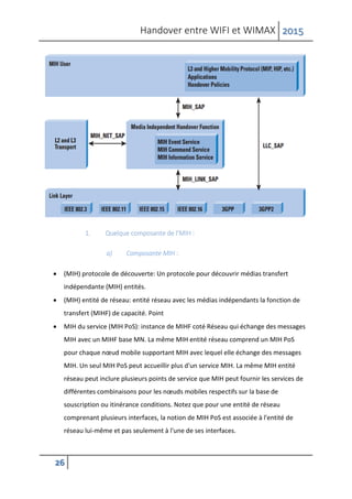 Handover entre WIFI et WIMAX 2015
26
1. Quelque composante de l’MIH :
a) Composante MIH :
 (MIH) protocole de découverte: Un protocole pour découvrir médias transfert
indépendante (MIH) entités.
 (MIH) entité de réseau: entité réseau avec les médias indépendants la fonction de
transfert (MIHF) de capacité. Point
 MIH du service (MIH PoS): instance de MIHF coté Réseau qui échange des messages
MIH avec un MIHF base MN. La même MIH entité réseau comprend un MIH PoS
pour chaque nœud mobile supportant MIH avec lequel elle échange des messages
MIH. Un seul MIH PoS peut accueillir plus d'un service MIH. La même MIH entité
réseau peut inclure plusieurs points de service que MIH peut fournir les services de
différentes combinaisons pour les nœuds mobiles respectifs sur la base de
souscription ou itinérance conditions. Notez que pour une entité de réseau
comprenant plusieurs interfaces, la notion de MIH PoS est associée à l'entité de
réseau lui-même et pas seulement à l'une de ses interfaces.
 