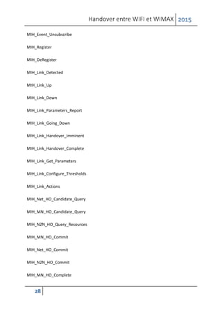 Handover entre WIFI et WIMAX 2015
28
MIH_Event_Unsubscribe
MIH_Register
MIH_DeRegister
MIH_Link_Detected
MIH_Link_Up
MIH_Link_Down
MIH_Link_Parameters_Report
MIH_Link_Going_Down
MIH_Link_Handover_Imminent
MIH_Link_Handover_Complete
MIH_Link_Get_Parameters
MIH_Link_Configure_Thresholds
MIH_Link_Actions
MIH_Net_HO_Candidate_Query
MIH_MN_HO_Candidate_Query
MIH_N2N_HO_Query_Resources
MIH_MN_HO_Commit
MIH_Net_HO_Commit
MIH_N2N_HO_Commit
MIH_MN_HO_Complete
 