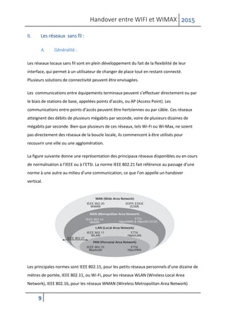 Handover entre WIFI et WIMAX 2015
9
II. Les réseaux sans fil :
A. Généralité :
Les réseaux locaux sans fil sont en plein développement du fait de la flexibilité de leur
interface, qui permet à un utilisateur de changer de place tout en restant connecté.
Plusieurs solutions de connectivité peuvent être envisagées.
Les communications entre équipements terminaux peuvent s’effectuer directement ou par
le biais de stations de base, appelées points d’accès, ou AP (Access Point). Les
communications entre points d’accès peuvent être hertziennes ou par câble. Ces réseaux
atteignent des débits de plusieurs mégabits par seconde, voire de plusieurs dizaines de
mégabits par seconde. Bien que plusieurs de ces réseaux, tels Wi-Fi ou Wi-Max, ne soient
pas directement des réseaux de la boucle locale, ils commencent à être utilisés pour
recouvrir une ville ou une agglomération.
La figure suivante donne une représentation des principaux réseaux disponibles ou en cours
de normalisation à l’IEEE ou à l’ETSI. La norme IEEE 802.21 fait référence au passage d’une
norme à une autre au milieu d’une communication, ce que l’on appelle un handover
vertical.
Les principales normes sont IEEE 802.15, pour les petits réseaux personnels d’une dizaine de
mètres de portée, IEEE 802.11, ou Wi-Fi, pour les réseaux WLAN (Wireless Local Area
Network), IEEE 802.16, pour les réseaux WMAN (Wireless Metropolitan Area Network)
 