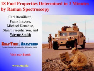 18 Fuel Properties Determined in 3 Minutes
by Raman Spectroscopy
    Carl Brouillette,
     Frank Inscore,
    Michael Donahue,
 Stuart Farquharson, and
     Wayne Smith


Providing Chemical Information When & Where You Need It




            Visit our Booth


                www.rta.biz
 