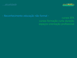...atualidade
- Reconhecimento educação não formal -
cursos EFA
cursos formação curta duração
espaços orientação profissional
 