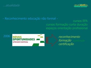 ...atualidade
2006 reconhecimento
formação qualificação
certificação
- Reconhecimento educação não formal -
cursos EFA
cursos formação curta duração
espaços orientação profissional
 