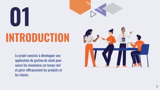 INTRODUCTION
01
Le projet consiste à développer une
application de gestion de stock pour
suivre les inventaires en temps réel
et gérer efficacement les produits et
les clients.
3
 