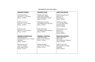 THE SDM/LHA OF YOUR AREA:

DISTRICT NORTH                   DISTRICT WEST                  DISTT NEW DELHI

SDM (Sadar Bazar)                SDM(Punjabi Bagh)              SDM(Connaught Place)
Room No. 152, Tis Hazari         Delhi State Coop Bldg          Room no 18
Phone:- 3978984                  Main Rohtak Road, Nangloi      Piatala House
                                 Phone: 5183588                 Phone: 3386228

SDM (Civil Lines)                SDM (Rajouri Garden)           SDM(Sansad Marg)
Room No. 138, Tis Hazari         Old Middle School, Ram Pura,   12/1 Jam Nagar House
Phone:- 3918044                  Phone: 7190615                 Shahjahan Road
                                                                Phone : 3386982

SDM (Kotwali)                    SDM (Patel Nagar)              SDM (Chankya Puri)
Room No. 156, Tis Hazari         Old Middle School, Ram Pura    Room No 11
Phone:- 3911031                  Phone: 7190613                 Patiala House
                                                                Phone: 3386844

DISTRICT NORTH-EAST              DISTRICT CENTRAL               DISTT SOUTH WEST
SDM (Seelampur)                  SDM( Darya Ganj)               SDM (Najaf Garh)
Old Seelampur Court, G.T. Road   Room no 145, Tis Hazari        BDO Office
Shahdara                         Phone : 3914464                New Roshan pura Najafgarh
Phone:- 2824272                                                 Phone: 5021834

SDM (Seema Puri)                 SDM(Karol Bagh)                SDM (Vasant Vihar
Weaver's Complex                 Room no 137, Tis Hazari        Old terminal tax building
Opp. Gagan Cinema                Phone: 3913901                 Kapashera
Phone:- 2122733                                                 Phone: 5065622
 