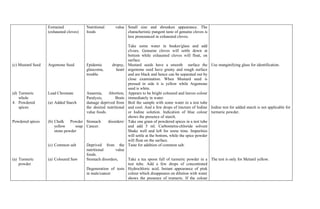 Extracted            Nutritional       value Small size and shrunken appearance. The
                   (exhausted cloves)   foods                   characheristic pungent taste of genuine cloves is
                                                                less pronounced in exhausted cloves.

                                                                   Take some water in beaker/glass and add
                                                                   clvoes. Genuene cloves will settle down at
                                                                   bottom while exhausted cloves will float, on
                                                                   surface.
(c) Mustard Seed   Argemone Seed        Epidemic        dropsy,    Mustard seeds have a smooth surface the Use manginifying glass for identification.
                                        glaucoma,         heart    argemone seed have grainy and rough surface
                                        trouble                    and are black and hence can be separated out by
                                                                   close examination. When Mustard seed is
                                                                   pressed in side it is yellow while Argemone
                                                                   seed is white.
(d) Turmeric       Lead Chromate        Anaemia,     Abortion,     Appears to be bright coloured and leaves colour
    whole                               Paralysis,       Brain     immediately in water.
4. Powdered        (a) Added Starch     damage deprived from       Boil the sample with some water in a test tube
    spices                              the desired nutritional    and cool. And a few drops of tincture of Iodine Iodine test for added starch is not applicable for
                                        value foods.               or Iodine solution. Indication of blue colour turmeric powder.
                                                                   shows the presence of starch.
Powdered spices    (b) Chalk    Powder Stomach        disorders/   Take one gram of powdered spices in a test tube
                       yellow     soap Cancer.                     and add 5 ml. Carbontetra-chloride solvent
                       stone powder                                Shake well and left for some time. Impurities
                                                                   will settle at the bottom, while the spice powder
                                                                   will float on the surface.
                   (c) Common salt      Deprived from the          Taste for addition of common salt.
                                        nutritional     value
                                        foods.
(a) Turmeric       (a) Coloured Saw     Stomach disorders,    Take a tea spoon full of turmeric powder in a The test is only for Metanil yellow.
    powder                                                    test tube. Add a few drops of concentrated
                                        Degeneration of tests Hydrochloric acid. Instant appearance of pink
                                        in male/cancer        colour which disappeares on dilution with water
                                                              shows the presence of trumeric. If the colour
 