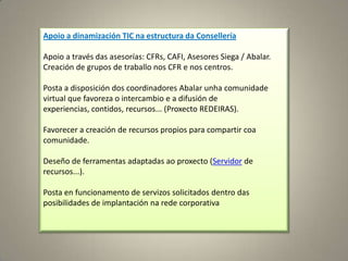 Apoio a dinamización TIC na estructura da Consellería

Apoio a través das asesorías: CFRs, CAFI, Asesores Siega / Abalar.
Creación de grupos de traballo nos CFR e nos centros.

Posta a disposición dos coordinadores Abalar unha comunidade
virtual que favoreza o intercambio e a difusión de
experiencias, contidos, recursos... (Proxecto REDEIRAS).

Favorecer a creación de recursos propios para compartir coa
comunidade.

Deseño de ferramentas adaptadas ao proxecto (Servidor de
recursos...).

Posta en funcionamento de servizos solicitados dentro das
posibilidades de implantación na rede corporativa
 