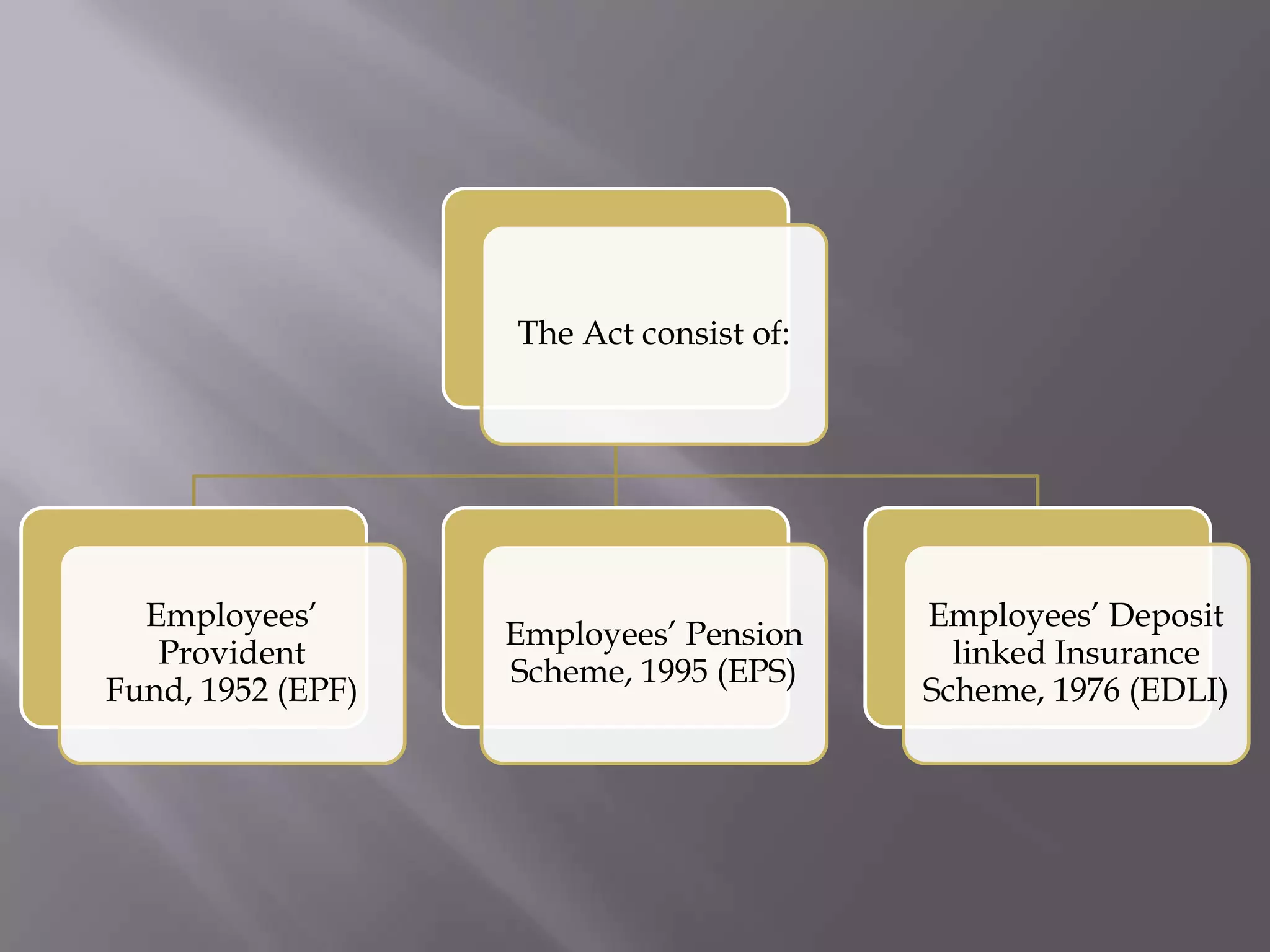 The Act consist of:

Employees‟
Provident
Fund, 1952 (EPF)

Employees‟ Pension
Scheme, 1995 (EPS)

Employees‟ Deposit
linked Insurance
Scheme, 1976 (EDLI)

 