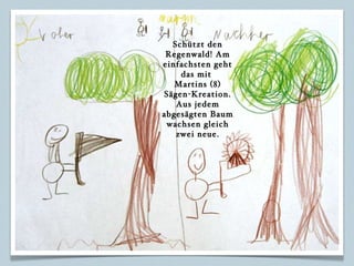 Schützt den Regenwald! Am einfachsten geht das mit  Martins (8) Sägen-Kreation. Aus jedem abgesägten Baum wachsen gleich zwei neue. 