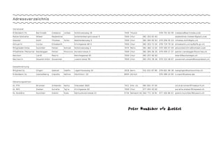 Adressverzeichnis


Vorstand

Präsident PC       Bartlomé     Clemens     Lollee    Schützenweg 18          7430 Thusis                      078 751 62 59 clemens@bartlome.com

Materialstelle     Römer        Madeleine             Schellenbergstrasse 9   7000 Chur        081 353 83 83                   madeleine.roemer@gmail.com

Kassier            Kohli        Thomas      Twist     Rebhaldenweg 9          7000 Chur        081 284 00 83   079 256 45 23 thomas.kohli@gmx.ch

Aktuarin           Coray        Elisabeth             Kirchgasse 68 D         7000 Chur        081 353 73 04   078 719 79 16 elisabeth.coray@afb.gr.ch

Mitgliederliste    Hunziker     Peter       Zottel    Schützenweg 2           7074 Malix       081 382 13 65   079 305 57 09 phunzikerchrw@hotmail.com

Pfadiheim/Material Randegger    Peter       Pinoccio Nordstrasse 5            7000 Chur        081 284 28 35   079 459 17 37   peter.randegger@sunrise.ch

Revisor            Lardi        Mauro                 Reichsgasse 65          7000 Chur        081 257 06 62                   mlardi@swisslegal.ch

Revisorin          Oswald-Klöti Susannah              Loestrasse 90           7000 Chur        081 253 38 26   079 333 48 87 susannah.oswald@oswaldmail.ch



Gesamtleitung

Mitglied GL        Gilgen       Samuel      Idefix    Lagerhausweg 24         3018 Bern        031 631 87 80   078 601 98 38 samgilgen@swissonline.ch

Präsident GL       Castelberg   Claudio     Pallino   Köchlistr. 22           8004 Zürich                      076 398 10 94 c.casti@yahoo.de



Abteilungsleiter

AL PTA             Brunner      Armando     Salto     Chavadal 262C           7411 Sils i.D.   081 651 47 64                   ch.m.brunner@freesurf.ch

AL MPC             Sieber       Aurelia     Tajra     Kirchgasse 62           7000 Chur        077 404 42 62                   aurelia.sieber@hispeed.ch

AL Scalära         Hunziker     Gianin      Pudu      Kentuckystrasse 21      5734 Reinach AG 062 771 16 81    077 420 86 61 gianin.hunziker@bluewin.ch




                                                                                 Peter Hunziker v/o Zottel
 