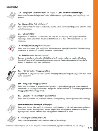 1:11
Inngangur
Saumfætur
OA - Venjulegur saumfótur fyrir efri ﬂytjara TM
 HUiYpOLQQLYLêDIKHQGLQJX 
íHVVLVDXPIyWXUHUDêDOOHJDQRWDêXUIULUEHLQDVDXPDRJ]LN]DNRJVSRUOHQJGOHQJULHQ
PP
1A- Útsaumsfótur fyrir efri ﬂytjaraTM
íHVVLIyWXUHUQRWDêXUIULUVNUDXWVDXPD5DXÀQXQGLUI WLQXPHUWLOîHVVDêIyWXULQQUHQQL
YHOÀUVDXPDQD
2A - Útsaumsfótur
íHJDUYHULêHUDêVDXPDVNUDXWVDXPDHêDVWXWW]LN]DNVSRURJDêUDQWMDVDXPDPHê
VSRUOHQJGPLQQLHQPP5DXÀQXQGLUI WLQXPHUWLOîHVVDêIyWXULQQUHQQLYHOÀU
VDXPDQD
3 - Blindsaumsfótur fyrir efri ﬂytjaraTM
íHVVLIyWXUHUQRWDêXUIULUEOLQGIDOGD7iLQiI WLQXPVWìULUMDêULHIQLVLQV5DXêDVWìULQJLQ
iI WLQXPHUK|QQXêWLODêUHQQDPHêIUDPIDOGEU~QLQQL
4 - Rennilásafótur fyrir efri ﬂytjaraTM
íHVVXPI WLHUK JWDêVPHOODiIyWK|OGXQDE êLYLQVWUDRJK JUDPHJLQYLêQiOLQD
îDQQLJDêK JWVpDêVDXPDQiO JWW|QQXPOiVDQQD) ULêQiODUVW|êXQDWLOK JULHêD
YLQVWULWLODêVDXPDVHPQ VWW|QQXQXP
5A - “Sensormatic” hnappagatafótur
íHJDUKDQQHUWHQJGXUYLêYpOLQDYHUêXUKQDSSDJDWLêVDXPDêtîHLUULOHQJGVHPVWLOOWKHIXU
YHULêitYpOLQQL
5M - Venjulegur hnappagatafótur
íHVVLIyWXUHUQRWDêXUWLODêVDXPDKDQGJHUê HNNLVMiOIYLUN KQDSSDJ|W1RWLêPHUNLQi
I WLQXPWLODêVWDêVHWMDHIQLVEU~QLQD)LQJXULQQDIWDQiI WLQXPHUWLODêNU NMDîU êLIULU
KQDSSDJ|WPHêXQGLUOHJJVîU êL
6A - Útsaums “Sensormatic” útsaumsfótur
íHVVLIyWXUHUQRWDêXUYLêIUtKHQGLV~WVDXP(LQQLJHUK JWDêQRWDîHQQDQIyWIULUtVWRSS
PPE~WDVDXPDVIyWXUIULUHIULÁWMDUD™
íHVVLIyWXUKHQWDUPM|JYHOIULUE~WDVDXPRJVpUVWDNOHJDHIîLêHUXêDêQRWDVWLQJSO|WXQD
IULUEHLQDVDXPD)MDUO JêLQIUiQiOLQQLDêWULEU~QiK JULWiQQLiI WLQXPHUPP
)MDUO JêLQIUiQiOLQQLDêLQQULEU~QiK JULWiQQLiI WLQXPHUPP
8 - Fótur fyrir Maxi sauma (720)
íHVVLVDXPIyWXUHUQRWDêXUIULUVDXPDPHêKOLêDUÁXWQLQJL
Áríðandi: Fullvissið ykkur um að efri ﬂytjarinn TM
sé ekki í sambandi þegar þið notið fætur 2A, 5A, 6A og 8.
 