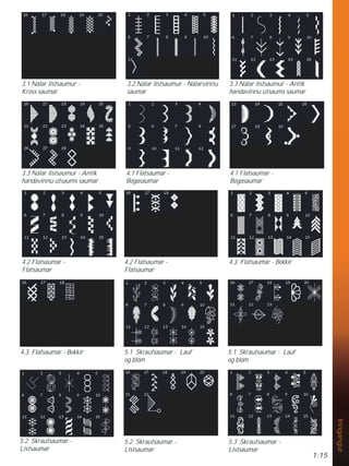 1:15
Inngangur
3.1 Nálar listsaumur -
Kross saumar
3.2.Nálar listsaumur - Nálarvinnu
saumar
3.3 Nálar listsaumur - Antík
handavinnu útsaums saumar
4.1 Flatsaumar -
Bogasaumar
3.3 Nálar listsaumur - Antik
handavinnu útsaums saumar
4.1 Flatsaumar -
Bogasaumar
4.2 Flatsaumar -
Flatsaumar
4.3. Flatsaumar - Bekkir
5.1 Skrautsaumar - Lauf
og blóm
4.2 Flatsaumar -
Flatsaumar
4.3. Flatsaumar - Bekkir 5.1 Skrautsaumar - Lauf
og blóm
5.2 Skrautsaumar -
Listsaumar
5.2 Skrautsaumar -
Listsaumar
5.3 Skrautsaumar -
Listsaumar
 