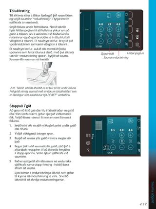 4:17
Sauma
aðgerð
7|OXiIHVWLQJ
7LODêIHVWDW|OXUiÁtNXUIMDUO JLêîLêVDXPIyWLQQ
og veljið sauminn “töluáfesting”. Flytjarinn fer
VMiOINUDID~UVDPEDQGL
Setjið töluna undir fóthölduna. Notið táknið
fyrir hliðarspeglun til að fullvissa ykkur um að
J|WLQiW|OXQQLVpXtVDPU PLYLêKOLêDUVYHLÁX
nálarinnar og að sporbreiddin sé í réttu hlutfalli
við götin á tölunni. Ef nauðsyn krefur, breytið þið
sporbreiddinni í samræmi við götin á tölunni..
Ef nauðsyn krefur, aukið eða minnkið fjölda
sporanna sem festa töluna á efnið, með því að nota
táknið “endurtekning spora”. Byrjið að sauma.
6DXPDYpOLQVDXPDUQ~IRUULWLê
Ath.: Notið alhliða áhaldið til að búa til fót undir töluna.
Þið getið einnig saumað með sérstökum töluáfestifæti sem
er fáanlegur sem aukahlutur hjá PFAFF®
umboðinu.
6WRSSDêLJ|W
Að gera við lítið gat eða rifu í fatnaði áður en gatið
eða rifan verða stærri, getur bjargað viðkomandi
ÁtN9HOMLêItQDQWYLQQDtOLWVHPHUQ VWOLWQXPi
ÁtNLQQL
 6HWMLêHIQLHêDVWUDMLêVW|êXJOHLNDHIQLXQGLUJDWLê
eða rifuna.
 9HOMLêYLêHLJDQGLtVWRSSVVSRU
 %UMLêDêVDXPDÀUJDWLêYLQVWUDPHJLQYLê
það.
 íHJDUîLêKDÀêVDXPDêÀUJDWLêìWLêîLêi
afturábak hnappinn til að ákvarða lengdina
á stopp-sporinu. Vélin lýkur sjálfkrafa við
sauminn.
 íDêHUVMiOIJHÀêDêYpOLQPXQLQ~HQGXUWDND
sjálfkrafa sama stopp-ferning - haldið bara
áfram að sauma.
Ljós kemur á endurtekninga-táknið, sem gefur
til kynna að endurtekning sé virk. Snertið
táknið til að afvelja endurtekningarnar.
Sauma-endurtekning
Sporbreidd Hliðarspeglun
 