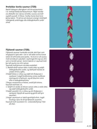 4:23
Sauma
aðgerð
íUHIDOGXUERUêDVDXPXU 
Bætið fallegum afbrigðum við skrautsaumana,
t.d. með þrefalda borðasaumnum. Mjóir borðar
HUXÁpWWDêLULQQtîHVVDVpUVW|NXVDXPDXPOHLê
RJîLêVDXPLêPPERUêDUKHQWDEHVWIULU
þessa tækni. Til að ná sem bestum árangri notið þið
viðeigandi undirleggs eða stöðugleikaefni undir
efnið.
)OMyWDQGLVDXPDU  
Fljótandi saumar framkalla sérstök áhrif þar sem
tengisporin sjást ekki Um er að ræða tvenns konar
W NQLWLODêIUDPNY PDîHWWD6~IUULHUDêVDXPD
með sérstökum aukafæti, styrkingarefni og svo efni
sem er brotið saman. Seinni tæknin er saumuð með
því að sauma tvö efni saman.
Saumað með þessum sérstaka aukafæti.
%UMyWLêHIQLêVDPDQUpWWXiPyWLUpWWXRJVHWMLê
VW|êXJOHLNDHIQLXQGLURJOiWLêîDêVWDQGD~W
undan efninu sjálfu.
6HWMLêIyWLQQiYpOLQDRJVHWMLêHIULÁWMDUDQQt
VDPEDQG/iWJLêEURWEU~QLQDUHQQDPHêIUDP
stýringunni á fætinum, og að fóturinn renni
ofan á stöðugleikaefninu.
íHJDUVDXPXULQQHUE~LQQVQ~LêîLêHIQLQX
6DXPLêPHêI WL$
6HWMLêWY|VWNNLDIHIQXPVDPDQUpWWXiPyWLUpWWX
og setjið stöðugleikaefni undir.
6HWMLêVDXPIyW$iYpOLQDRJHIULÁWMDUDQQt
samband. Byrjið að sauma og gerið ráð fyrir
saumfari.
3 Þegar saumnum er lokið opnið þið efnin, togið
ODXVOHJDtîDXWLODêVMiÁMyWDQGLVDXPLQQ
6DXPDêPHêVDXPI WL$HQGXUWDNLêîUHSKpU
að ofan.
 