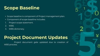 • Scope baseline is component of Project management plan.
• Component of scope baseline includes:
1. Project scope statement.
2. WBS
3. WBS dictionary.
Scope Baseline
Project Document Updates
Project document gate updated due to creation of
WBS process.
 