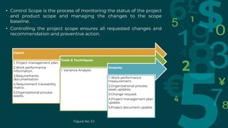 • Control Scope is the process of monitoring the status of the project
and product scope and managing the changes to the scope
baseline.
• Controlling the project scope ensures all requested changes and
recommendation and preventive action.
Inputs
1. Project management plan.
2.Work performance
information.
3.Requirements
documentation
4.Requirement traceability
matrix.
5.Organizational process
assets.
Tools & Techniques
1. Variance Analysis
Outputs
1. Work performance
measurement.
2.Organizational process
asset updates.
3.Change request.
4.Project management plan
update.
5.Project document update.
Figure No. 5.1.
 