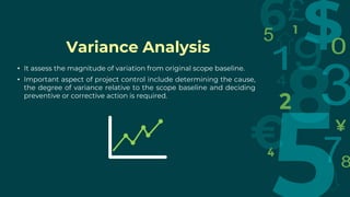 Variance Analysis
• It assess the magnitude of variation from original scope baseline.
• Important aspect of project control include determining the cause,
the degree of variance relative to the scope baseline and deciding
preventive or corrective action is required.
 