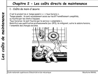 Lescoûtsdemaintenance Chapitre 2 - Les coûts directs de maintenance
École nationale supérieure d'électricité et de mécanique Mouhcine NAHAL
1 - Coûts de main-d'œuvre
C'est le produit du « temps passé » x « taux horaire ».
Temps passés : ils sont normalement saisis sur les BT honnêtement complétés,
ou fournis par les chefs d'équipes.
Taux horaires: ils sont fournis par le service « comptable »,
Relatifs à une qualification professionnelle (ex: OP3), ils intègrent, outre le salaire horaire,
l'ensemble des charges sociales.
 