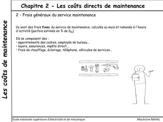 Lescoûtsdemaintenance Chapitre 2 - Les coûts directs de maintenance
École nationale supérieure d'électricité et de mécanique Mouhcine NAHAL
2 - Frais généraux du service maintenance
Ce sont des frais fixes du service de maintenance, calculés au mois et ramenés à l'heure
d'activité (parfois estimés en % de DM)
Ils se composent des :
• appointements des cadres, employés de bureau...
• loyers, assurances, impôts direct...
• frais de chauffage, éclairage, téléphone, véhicules de services...
 