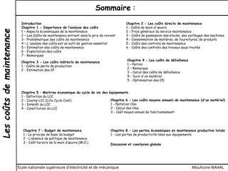 Lescoûtsdemaintenance Sommaire :
École nationale supérieure d'électricité et de mécanique Mouhcine NAHAL
Introduction
Chapitre 1 - Importance de l’analyse des coûts
1 – Aspects économiques de la maintenance
2 – Les Coûts de maintenance entrent dans le prix de revient
3 - Problématique des coûts de maintenance
4 – L'analyse des coûts est un outil de gestion essentiel
5 – Estimation des coûts de maintenance
6 - Exploitation des coûts
7 - Remarques
Chapitre 2 - Les coûts directs de maintenance
1 - Coûts de main-d'œuvre
2 - Frais généraux du service maintenance
3 - Coûts de possession des stocks, des outillages des machines
4 - Consommation de matières, de fournitures, de produits
5 - Coûts des contrats de maintenance
6 - Coûts des contrats des travaux sous-traités
Chapitre 3 - Les coûts indirects de maintenance
1 - Coûts de perte de production
2 - Estimation des CP
Chapitre 4 - Les coûts de défaillance
1 – Notion
2 – Remarque
3 - Calcul des coûts de défaillance
4 - Suivi d'un matériel
5 - Optimisation des CD
Chapitre 5 – Maitrise économique du cycle de vie des équipements
1 - Définition du LCC
2 - Courbe LCC (Life Cycle Cost)
3 - Intérêt du LCC
4 - Constitution du LCC
Chapitre 6 - Les coûts moyens annuels de maintenance (d'un matériel)
1 - Notation Cma
2 - Calcul des Cma
3 - Coût moyen annuel de fonctionnement
Chapitre 7 – Budget de maintenance
1 - Le principe de base du budget
2 - L’absence de politique de maintenance
3 - Coût horaire de la main d’œuvre (M.O.)
Chapitre 8 - Les pertes économiques en maintenance productive totale
1 - Les pertes de productivité liées aux équipements
Discussion et conclusion globale
 