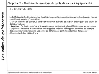 Lescoûtsdemaintenance Chapitre 5 – Maitrise économique du cycle de vie des équipements
École nationale supérieure d'électricité et de mécanique Mouhcine NAHAL
3 - Intérêt du LCC:
Le LCC visualise le déroulement de tous les événements économiques survenant au long des heures
cumulées de service d'un matériel.
C'est un bon outil de gestion, à condition d'avoir un système de saisie « analytique » des coûts, et
de les actualiser.
• Recettes : faciles à connaître si le service rendu est facturé, plus difficiles dans les autres cas.
• Dépenses : les coûts d'exploitation sont supposés linéaires par rapport au temps, à l'exemple
des consommations d'énergie. Les coûts de défaillances sont dépendants du temps, car
dépendants de la « défiabilité »
 