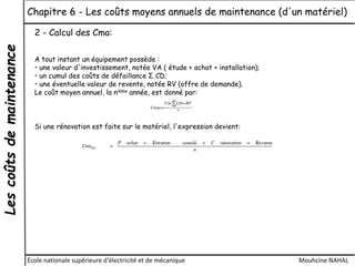 Lescoûtsdemaintenance Chapitre 6 - Les coûts moyens annuels de maintenance (d'un matériel)
École nationale supérieure d'électricité et de mécanique Mouhcine NAHAL
2 - Calcul des Cma:
A tout instant un équipement possède :
• une valeur d'investissement, notée VA ( étude + achat + installation);
• un cumul des coûts de défaillance Σ CD;
• une éventuelle valeur de revente, notée RV (offre de demande).
Le coût moyen annuel, la nième année, est donné par:
Si une rénovation est faite sur le matériel, l'expression devient:
 