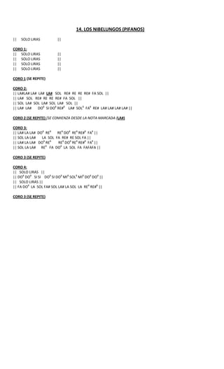 14. LOS NIBELUNGOS (PIFANOS)
||   SOLO LIRAS          ||

CORO 1:
|| SOLO LIRAS            ||
|| SOLO LIRAS            ||
|| SOLO LIRAS            ||
|| SOLO LIRAS            ||

CORO 1 (SE REPITE)

CORO 2:
|| LA#LA# LA# LA# LA# SOL RE# RE RE RE# FA SOL ||
|| LA# SOL RE# RE RE RE# FA SOL ||
|| SOL LA# SOL LA# SOL LA# SOL ||
|| LA# LA#    DO8 SI DO8 RE#8 LA# SOL8 FA8 RE# LA# LA# LA# LA# ||

CORO 2 (SE REPITE) [SE COMIENZA DESDE LA NOTA MARCADA (LA#)

CORO 3:
|| LA# LA LA# DO8 RE8   RE8 DO8 RE8 RE#8 FA8 ||
|| SOL LA LA#   LA SOL FA RE# RE SOL FA ||
|| LA# LA LA# DO8 RE8   RE8 DO8 RE8 RE#8 FA8 ||
|| SOL LA LA# RE8 FA DO8 LA SOL FA FAFAFA ||

CORO 3 (SE REPITE)

CORO 4:
|| SOLO LIRAS ||
|| DO8 DO8 SI SI DO8 SI DO8 MI8 SOL8 MI8 DO8 DO8 ||
|| SOLO LIRAS ||
|| FA DO8 LA SOL FA# SOL LA# LA SOL LA RE8 RE#8 ||

CORO 3 (SE REPITE)
 