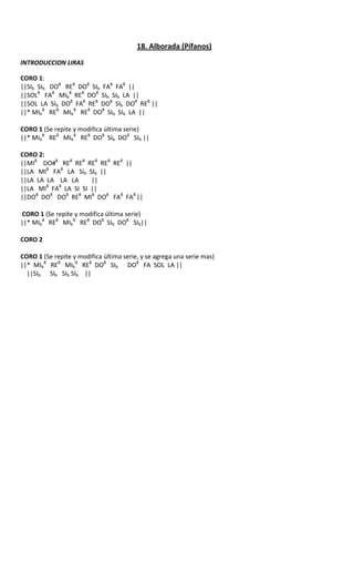 18. Alborada (Pífanos)
INTRODUCCION LIRAS

CORO 1:
||SIb SIb DO8 RE8 DO8 SIb FA8 FA8 ||
||SOL8 FA8 MIb8 RE8 DO8 SIb SIb LA ||
||SOL LA SIb DO8 FA8 RE8 DO8 SIb DO8 RE8 ||
||* MIb8 RE8 MIb8 RE8 DO8 SIb SIb LA ||

CORO 1 (Se repite y modifica última serie)
||* MIb8 RE8 MIb8 RE8 DO8 SIb DO8 SIb ||

CORO 2:
||MI8 DO#8 RE8 RE8 RE8 RE8 RE8 ||
||LA MI8 FA8 LA Sib SIb ||
||LA LA LA LA LA     ||
        8  8
||LA MI FA LA SI SI ||
||DO8 DO8 DO8 RE8 MI8 DO8 FA8 FA8 ||

 CORO 1 (Se repite y modifica última serie)
||* MIb8 RE8 MIb8 RE8 DO8 SIb DO8 SIb||

CORO 2

CORO 1 (Se repite y modifica última serie, y se agrega una serie mas)
||* MIb8 RE8 MIb8 RE8 DO8 SIb DO8 FA SOL LA ||
  ||SIb SIb SIb SIb ||
 