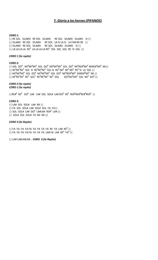 7. Gloria a los heroes (PIFANOS)



CORO 1:
|| RE SOL SILA#SI    RE SOL SILA#SI RE SOL SILA#SI SILA#SI SI ||
|| SILA#SI RE SOL    SILA#SI RE SOL LA SI LA SI LA FA# MI RE ||
|| SILA#SI RE SOL    SILA#SI RE SOL SILA#SI SILA#SI SI ||
|| LA LA LA LA RE8   LA LA LA LA RE8 SOL SOL SOL RE SI SOL ||

CORO 1 (Se repite)

CORO 2:
|| SOL DO8 MI8MI8MI8 SOL DO8 MI8MI8MI8 SOL DO8 MI8RE#8MI8 MIRE#8MI8 MI||
|| RE8RE8RE8 SOL SI RE8RE8RE8 SOL SI RE8 MI8 RE8 MI8 RE8 SI LA SOL ||
|| MI8MI8MI8 SOL DO8 MI8MI8MI8 SOL DO8 MI8RE#8MI8 MIRE#8MI8 MI ||
|| RE8RE8RE8 RE8 SOL8 RE8RE8RE8 RE8 SOL     DO8DO8DO8 SOL MI8 DO8 ||

CORO 2 (Se repite)
CORO 1 (Se repite)

||RE#8 RE8 DO8 LA# LA# SOL SOL# LA# DO8 RE8 RE#8RE#8RE#8RE#8 ||

CORO 3:
|| LA# SOL SOL# LA# MI ||
|| FA SOL SOL# LA# SOL# SOL FA FA||
|| SOL SOL# LA# DO8 LA#LA# RE#8 LA# ||
|| SOL# SOL SOL# FA MI MI ||

CORO 3 (Se Repite)

|| FA FA FA FA FA FA FA FA FA RE FA LA# RE8 ||
|| FA FA FA FA FA FA FA FA LA# FA LA# RE8 FA8 ||

|| LA# LA#LA#LA#... CORO 3 (Se Repite)
 