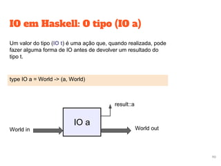 IO em Haskell: O tipo (IO a)
Um valor do tipo (IO t) é uma ação que, quando realizada, pode
fazer alguma forma de IO antes de devolver um resultado do
tipo t.
type IO a = World -> (a, World)
IO a
World outWorld in
result::a
110
 