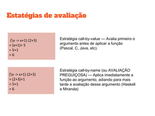 Estratégia call-by-value --- Avalia primeiro o
argumento antes de aplicar a função
(Pascal, C, Java, etc).
Estratégia call-by-name (ou AVALIAÇÃO
PREGUIÇOSA) --- Aplica imediatamente a
função ao argumento, adiando para mais
tarde a avaliação desse argumento (Haskell
e Miranda)
Estatégias de avaliação
 