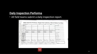 •
Daily Inspection Performa
All ﬁeld teams submit a daily inspection report.
17
 