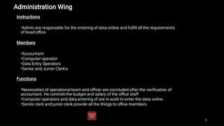 Administration Wing
•
•
•
•
•
•
•
•
Instructions
Admin are responsible for the entering of data online and fulﬁll all the ...
