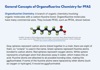 EXAMPLE: 3D model of a PFOA (perfluorooctanoic acid) molecule, in its acid form. Source: Manuel Almagro Rivas (Own work
using: Avogadro, Discovery Studio, GIMP) [CC BY-SA 4.0 ] (https://creativecommons.org/licenses/bysa/4.0)], via Wikimedia
Commons. https://commons.wikimedia.org/wiki/File:PFOA-3D.p
 