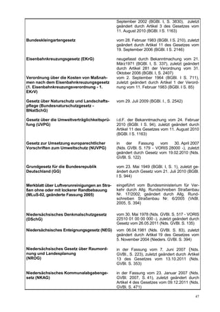September 2002 (BGBl. I, S. 3830), zuletzt
                                               geändert durch Artikel 3 des Gesetzes vom
                                               11. August 2010 (BGBl. I S. 1163)

Bundeskleingartengesetz                        vom 28. Februar 1983 (BGBl. I S. 210), zuletzt
                                               geändert durch Artikel 11 des Gesetzes vom
                                               19. September 2006 (BGBl. I S. 2146)

Eisenbahnkreuzungsgesetz (EKrG)                neugefasst durch Bekanntmachung vom 21.
                                               März1971 (BGBl. I, S. 337), zuletzt geändert
                                               durch Artikel 281 der Verordnung vom 31.
                                               Oktober 2006 (BGBl. I, S. 2407)
Verordnung über die Kosten von Maßnah-         vom 2. September 1964 (BGBl. I S. 711),
men nach dem Eisenbahnkreuzungsgesetz          zuletzt geändert durch Artikel 1 der Verord-
(1. Eisenbahnkreuzungsverordnung - 1.          nung vom 11. Februar 1983 (BGBl. I S. 85)
EKrV)

Gesetz über Naturschutz und Landschafts-       vom 29. Juli 2009 (BGBl. I., S. 2542)
pflege (Bundesnaturschutzgesetz -
BNatSchG)

Gesetz über die Umweltverträglichkeitsprü-     i.d.F. der Bekanntmachung vom 24. Februar
fung (UVPG)                                    2010 (BGBl. I S. 94), zuletzt geändert durch
                                               Artikel 11 des Gesetzes vom 11. August 2010
                                               (BGBl. I S. 1163)

Gesetz zur Umsetzung europarechtlicher         in   der    Fassung    vom   30. April 2007
Vorschriften zum Umweltschutz (NUVPG)          (Nds. GVBl. S. 179 - VORIS 28000 -), zuletzt
                                               geändert durch Gesetz vom 19.02.2010 (Nds.
                                               GVBl. S. 122)

Grundgesetz für die Bundesrepublik             vom 23. Mai 1949 (BGBl. I, S. 1), zuletzt ge-
Deutschland (GG)                               ändert durch Gesetz vom 21. Juli 2010 (BGBl.
                                               I S. 944)

Merkblatt über Luftverunreinigungen an Stra-   eingeführt vom Bundesministerium für Ver-
ßen ohne oder mit lockerer Randbebauung        kehr durch Allg. Rundschreiben Straßenbau
(MLuS-02, geänderte Fassung 2005)              Nr. 17/2002, geändert durch Allg. Rund-
                                               schreiben Straßenbau Nr. 6/2005 (VkBl.
                                               2005, S. 394)

Niedersächsisches Denkmalschutzgesetz          vom 30. Mai 1978 (Nds. GVBl. S. 517 - VORIS
(DSchG)                                        22510 01 00 00 000 -), zuletzt geändert durch
                                               Gesetz vom 26.05.2011 (Nds. GVBl. S. 135)
Niedersächsisches Enteignungsgesetz (NEG)      vom 06.04.1981 (Nds. GVBl. S. 83), zuletzt
                                               geändert durch Artikel 19 des Gesetzes vom
                                               5. November 2004 (Nieders. GVBl. S. 394)

Niedersächsisches Gesetz über Raumord-         in der Fassung vom 7. Juni 2007 (Nds.
nung und Landesplanung                         GVBl., S. 223), zuletzt geändert durch Artikel
(NROG)                                         13 des Gesetzes vom 13.10.2011 (Nds.
                                               GVBl. S. 353)

Niedersächsisches Kommunalabgabenge-           in der Fassung vom 23. Januar 2007 (Nds.
setz (NKAG)                                    GVBl. 2007, S. 41), zuletzt geändert durch
                                               Artikel 4 des Gesetzes vom 09.12.2011 (Nds.
                                               GVBl. S. 471)

                                                                                          47
 