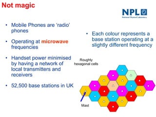 Not magic
• Mobile Phones are ‗radio‘
phones
• Operating at microwave
frequencies
• Handset power minimised
by having a network of
local transmitters and
receivers
• 52,500 base stations in UK
Roughly
hexagonal cells
Mast
• Each colour represents a
base station operating at a
slightly different frequency
 