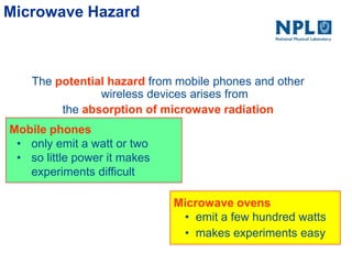 Microwave Hazard
The potential hazard from mobile phones and other
wireless devices arises from
the absorption of microwave radiation
Mobile phones
• only emit a watt or two
• so little power it makes
experiments difficult
Microwave ovens
• emit a few hundred watts
• makes experiments easy
 