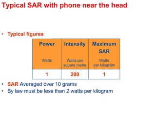 Typical SAR with phone near the head
• SAR Averaged over 10 grams
• By law must be less than 2 watts per kilogram
Power Intensity Maximum
SAR
Watts Watts per
square metre
Watts
per kilogram
1 200 1
• Typical figures
 