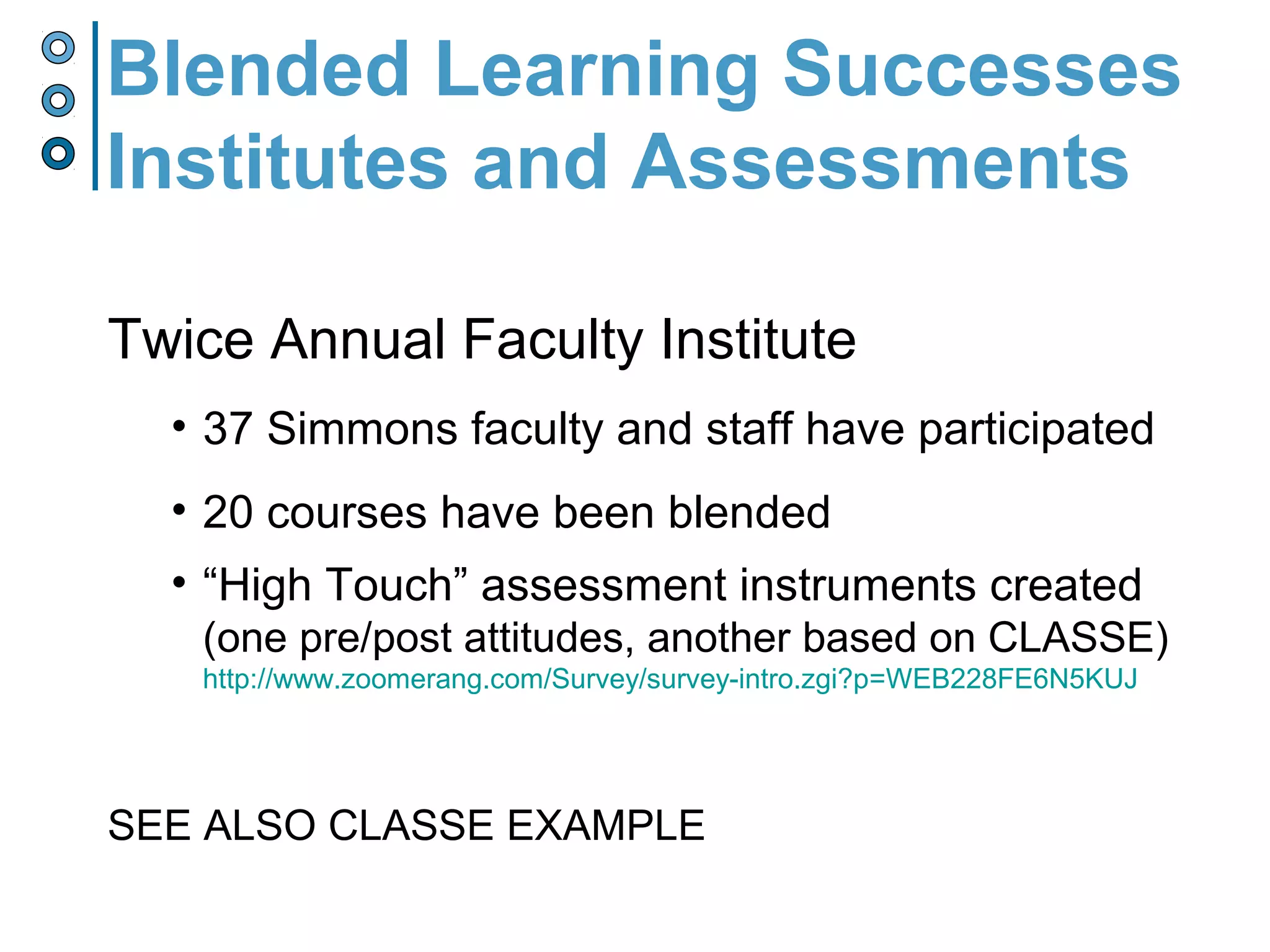 Blended Learning Successes
Institutes and Assessments
Twice Annual Faculty Institute
• 37 Simmons faculty and staff have participated
• 20 courses have been blended
• “High Touch” assessment instruments created
(one pre/post attitudes, another based on CLASSE)
http://www.zoomerang.com/Survey/survey-intro.zgi?p=WEB228FE6N5KUJ
SEE ALSO CLASSE EXAMPLE
 