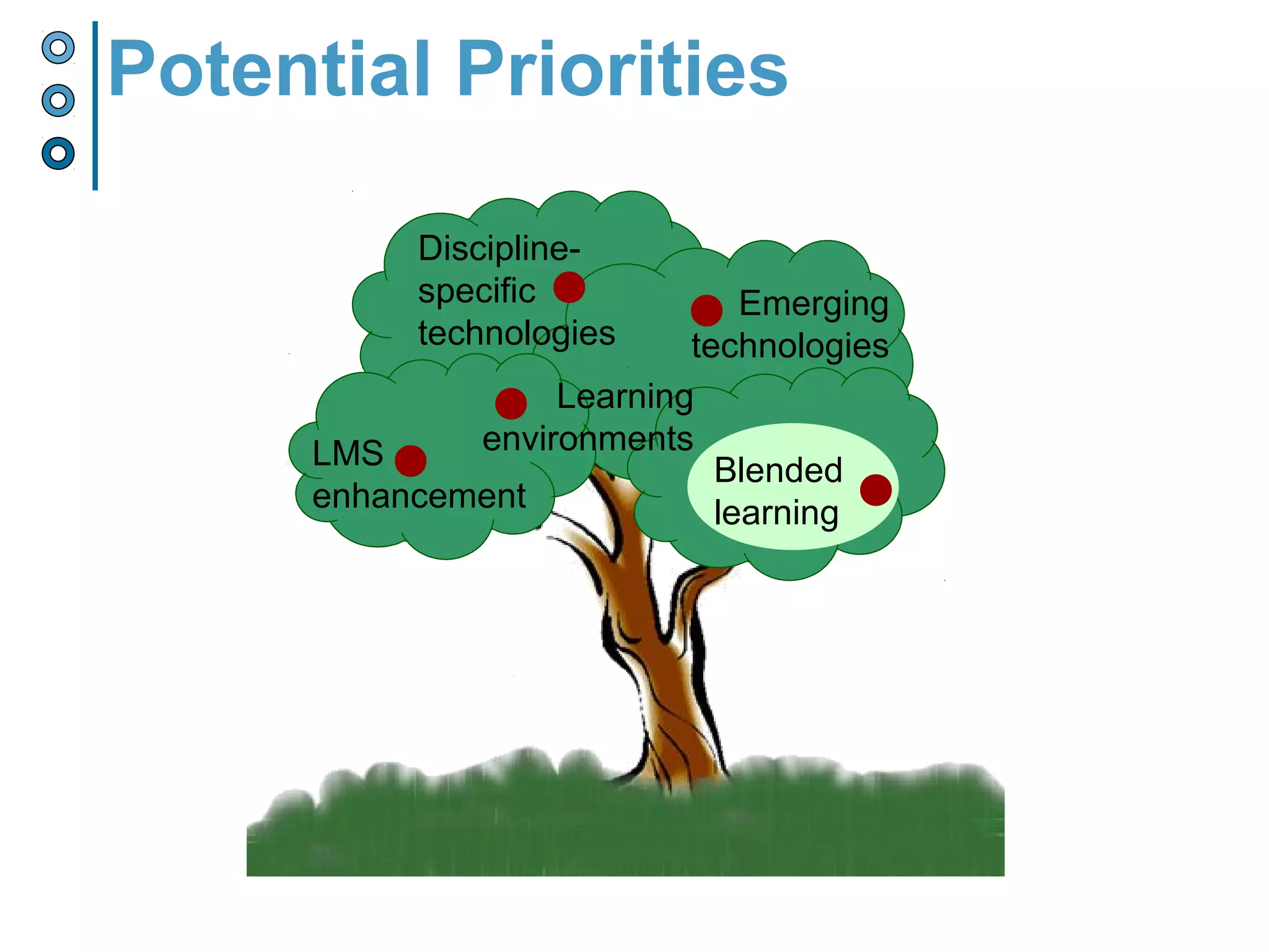 Potential Priorities
Discipline-
specific
technologies
Emerging
technologies
Blended
learning
Learning
environmentsLMS
enhancement
 